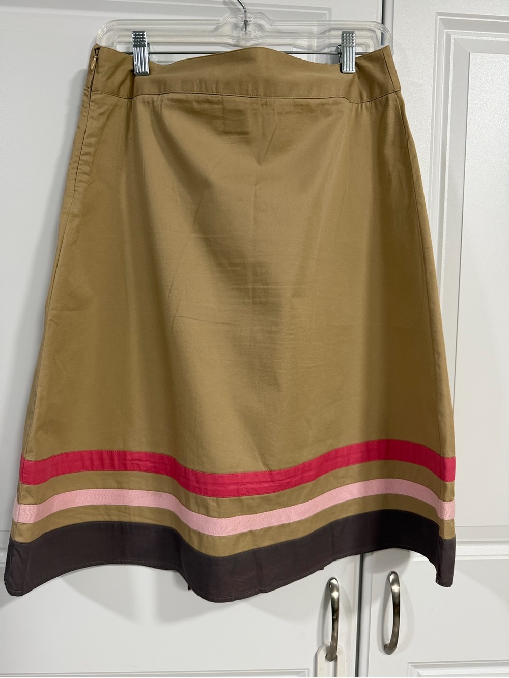 Merona Khaki A-Line Skirt with Pink and Brown Stripe Trim